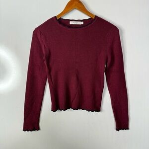 Mousy Maroon Ribbed Cropped Scalloped Edge Sweater